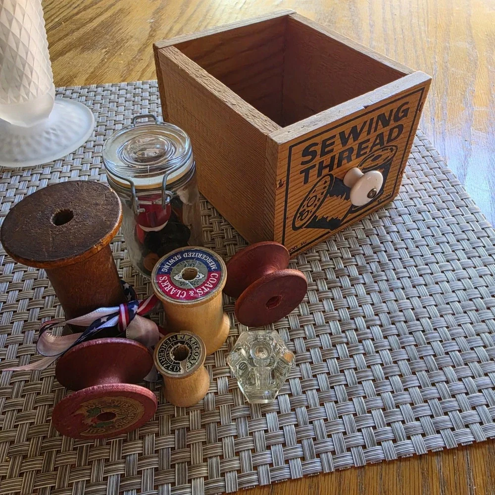 Vintage Inspired Wooden Sewing Thread Box w/ Porcelain Knob & Vintage Wood...